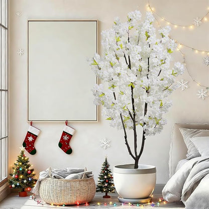 Faux White Cherry Blossoms Tree 6FT Flowering Tree Artificial Cherry Blossom Tree for Bedroom Home Christmas New Year Decor