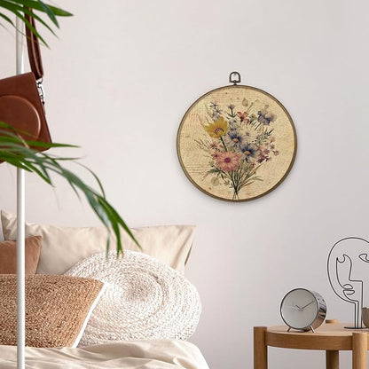 MAQIKA Boho Floral Framed Wall Art Decor, Vintage Botanical Prints, Farmhouse Wildflower Round Wall Hanging Decor, Pink and Blue Flower Canvas Prints Wall Art for Girls Dorm Room Bedroom, 10x10 Inch