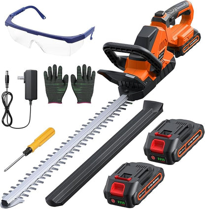 20'' Hedge Trimmer Cordless with Battery, 3000RPM Electric Handheld Bush Clipper with 2pcs 2000mAh Rechargeable Batteries, 180° Rotatable Head, 2/3'' Blade Gap Orange