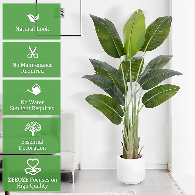 Artificial Bird of Paradise Plant 5Ft Tall Fake Tropical Palm Tree Large Fake Plants with 10 Silk Banana Leaves Faux Plant Indoor Decor Trees with White Pot for Home Bedroom Living Room Office