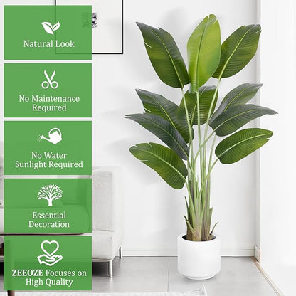 Artificial Bird of Paradise Plant 5Ft Tall Fake Tropical Palm Tree Large Fake Plants with 10 Silk Banana Leaves Faux Plant Indoor Decor Trees with White Pot for Home Bedroom Living Room Office