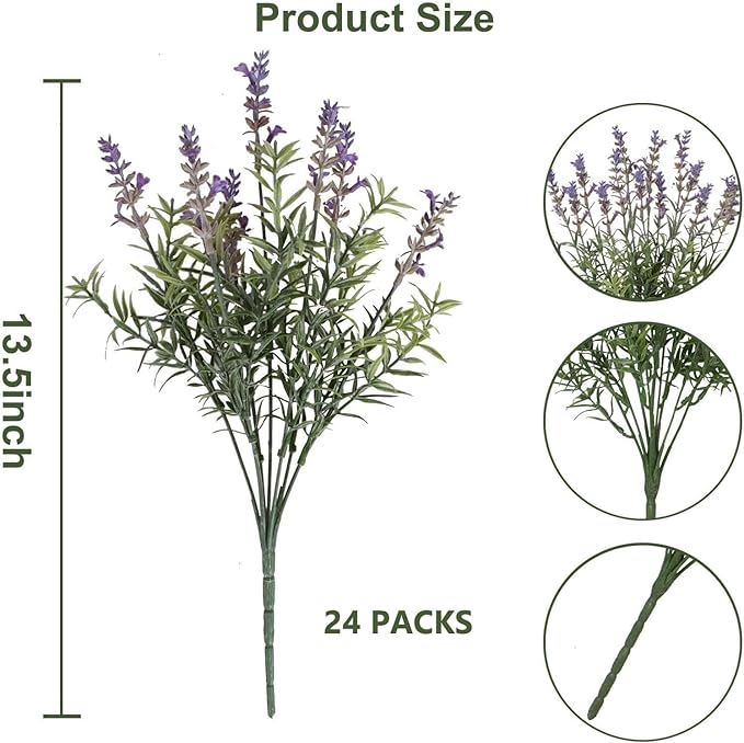 24PCS Lifelike Artificial Lavender Flowers, Fake Lavender Plants Shrubs for Wedding Bouquets, Realistic Faux Flowers UV Resistant for Indoor Outdoor Home & Garden Greenery Decor