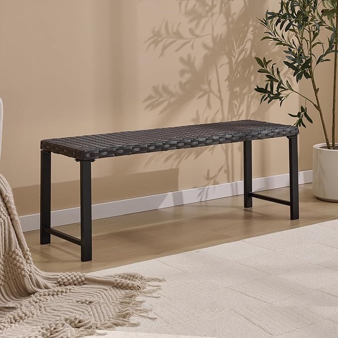 46" Outdoor Rattan Backless Bench, All-Weather Patio Garden Bench for Backyard, Porch, or Lawn, Durable Steel Bench for Outdoor Spaces