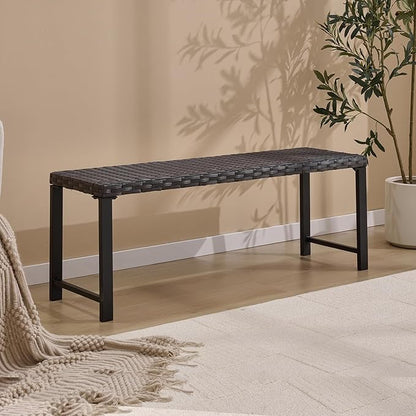 46" Outdoor Rattan Backless Bench, All-Weather Patio Garden Bench for Backyard, Porch, or Lawn, Durable Steel Bench for Outdoor Spaces