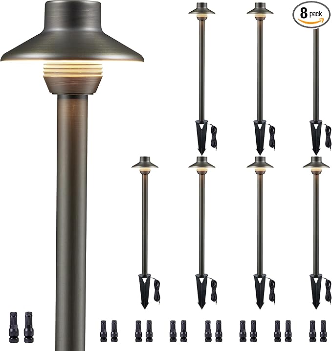 Gardenreet LED Pathway Lights Brass, 12V Landscape Path Lights Wired, Low Voltage Walkway Lights Outdoor Waterproof, Mini Shade Bronze for Backyard Garden Without G4 Bulb 8 Pack