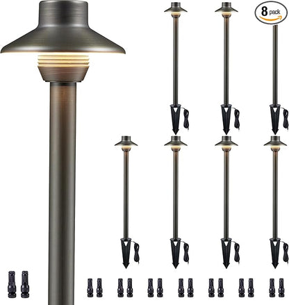 Gardenreet LED Pathway Lights Brass, 12V Landscape Path Lights Wired, Low Voltage Walkway Lights Outdoor Waterproof, Mini Shade Bronze for Backyard Garden Without G4 Bulb 8 Pack