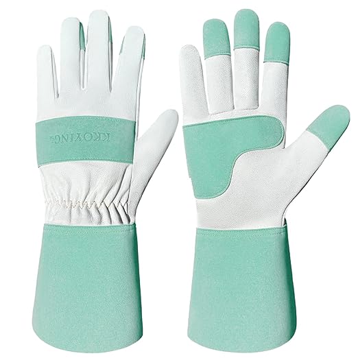 Gardening Gloves, Long Thorn Proof Garden Gloves for Women and Men, Goatskin Breathable Leather Work Gloves for Gardening, Pruning, Yard Work, Turquoise, M