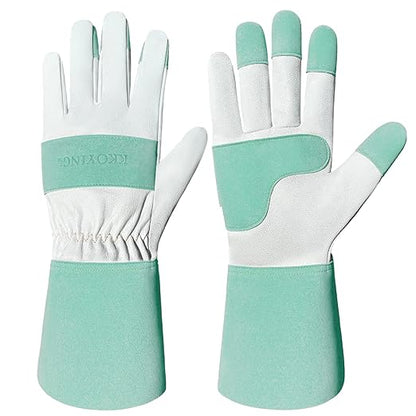Gardening Gloves, Long Thorn Proof Garden Gloves for Women and Men, Goatskin Breathable Leather Work Gloves for Gardening, Pruning, Yard Work, Turquoise, S
