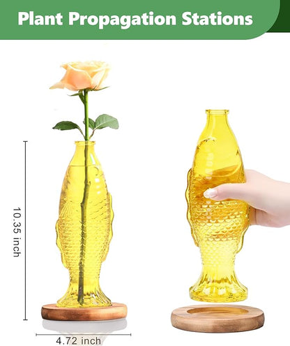 Nacome Fish Vase Propagation Stations: Glass Plant Terrarium with Wooden Stand for Home Office Desk Decor, Unique Gifts for Plant Lovers Women Mom (Yellow)
