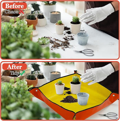 2Pcs Repotting Mat for Plant Transplanting, 39'' Gardening Mat and 26'' Orange Potting Mat for Indoor, Thicker Potting Tray with Plant Accessories Foldable Waterproof Planting Mat for Plant Lovers