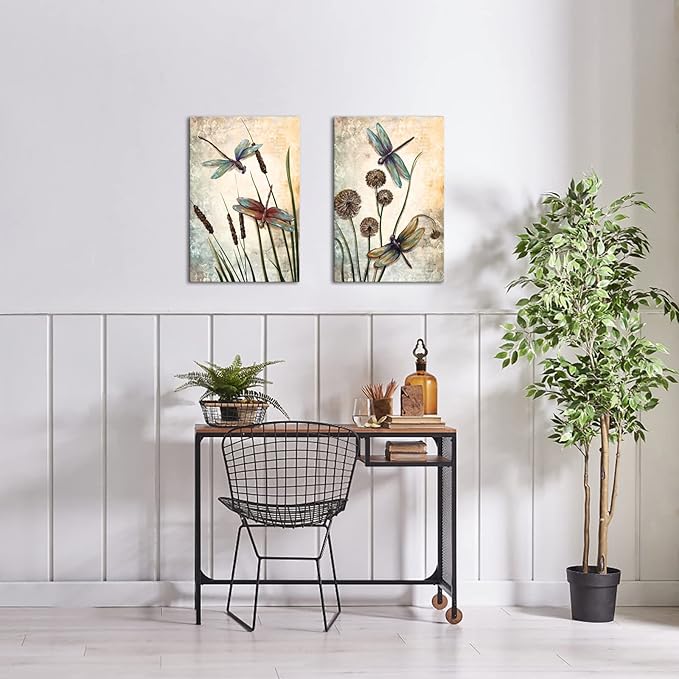 LoveHouse Dragonfly Wall Art Vintage Insect Painting Pictures Prints Beige Dandelion on Canvas Artwork
