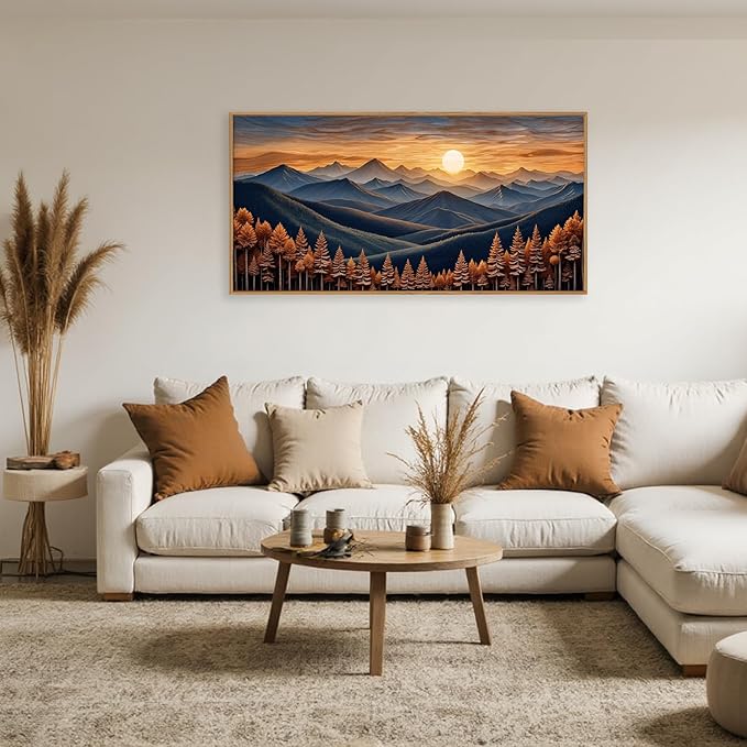 HOURIA Boho Wilderness Sunset Woodland Mountain Framed Canvas Wall Art Set,Vintage Golden Hour Forest Landscape Decor,Natural Modern Pine Tree Botanical Artwork for Living Room,Farmhouse- 40"x20"x1