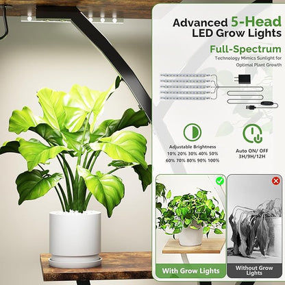 VINGLI 61" Tall Plant Stand with Grow Light, 10-Tier Indoor Plant Shelf with LED Light Strips, Tree-Shaped Metal Rack for Indoor Growing, Black