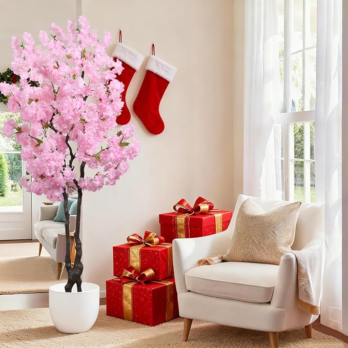 Faux Cherry Blossoms Tree Pink 6FT Artificial Cherry Blossom Tree Beautiful Flowering Trees for Home Christmas New Year Decor