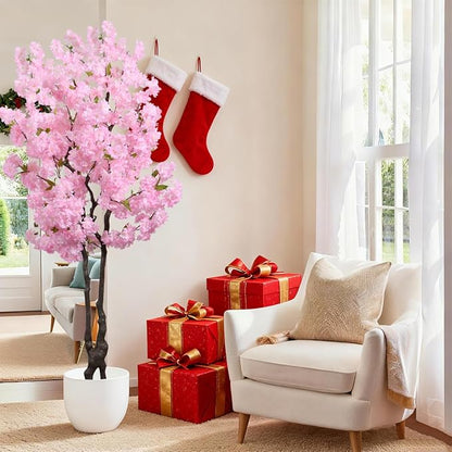 Faux Cherry Blossoms Tree Pink 6FT Artificial Cherry Blossom Tree Beautiful Flowering Trees for Home Christmas New Year Decor