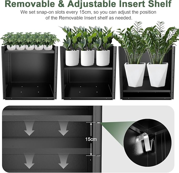 Metal Large Planter Box 26" L x 26" W x 26", Heavy Duty Tall Rectangle Outdoor Planter Box with Removable Insert Shelves for Porch, Garden, Patio, Yard (Black)