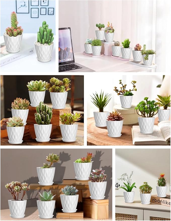 16 Pack 4 Inch Plastic Planter Pots with Tray, Heavy Duty Indoor Outdoor Planter Pots with 48 Drainage Holes for Herbs, Succulents, Seedlings, Flowers Durable and Lightweight White