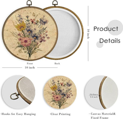 MAQIKA Boho Floral Framed Wall Art Decor, Vintage Botanical Prints, Farmhouse Wildflower Round Wall Hanging Decor, Pink and Blue Flower Canvas Prints Wall Art for Girls Dorm Room Bedroom, 10x10 Inch