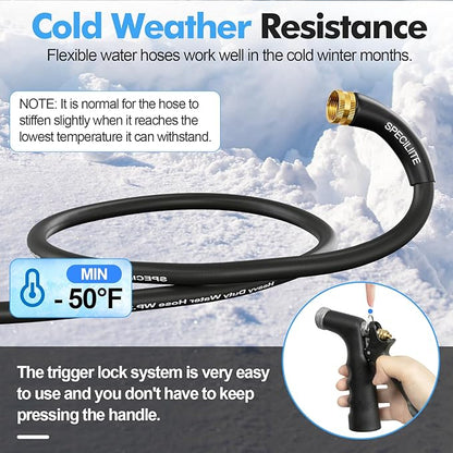 SPECILITE 3/4" Hot/Cold Garden Hose 200 ft with Industrial High Pressure Nozzle, Flexible & Lightweight, 600psi Burst Rubber Water hose -50℉-158℉ With 3/4" Brass Fittings for Yard, Black