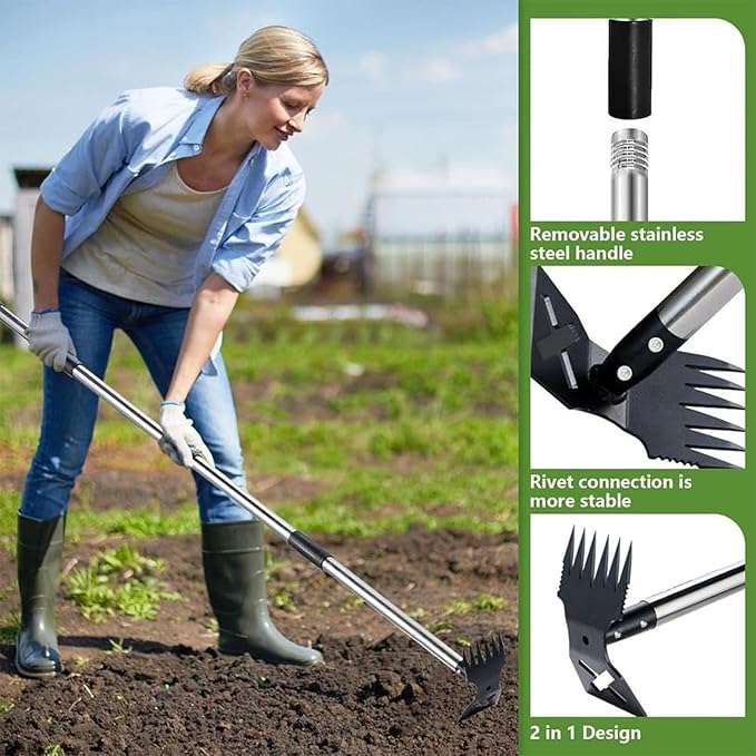 Hoe Garden Tool, 58" Weed Puller Tool with Long Handle, 2 in 1 Hand Weed Rake and Hoe Garden Weeder Tool, Uprooting Pulling Weed Remover Tool for Yard, Patio, Lawn and Garden