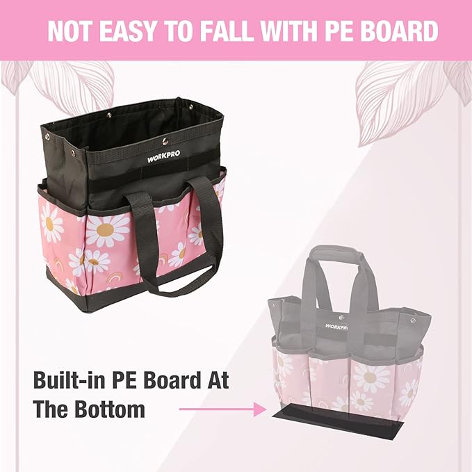 WORKPRO Garden Tool Bag, 9 Pockets Gardening Bag, Heavy Duty Oxford Garden Tote Caddy (Tools NOT Included), 12" x 12" x 6"-Pink Ribbon