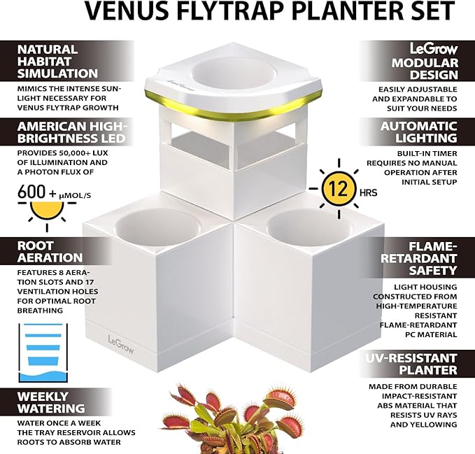 LeGrow Venus Fly Trap Pot, 50000lux Grow Light with Timer, 7 Days Watering Free, Indoor Planter with Drainage Hole & Self-Watering Tray for Carnivorous Plant, Sundew, Succulent, Cactus [No Plant]