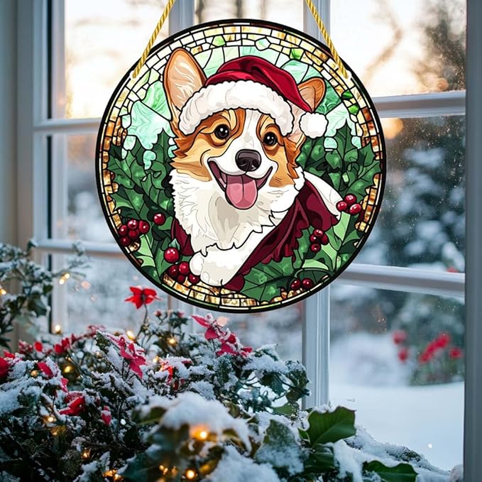 Acrylic Window Hanging Corgi Dog Christmas Stained Panel Window Decoration for Outdoor Indoor Garden Yard Home Winter Decor 8 Inch