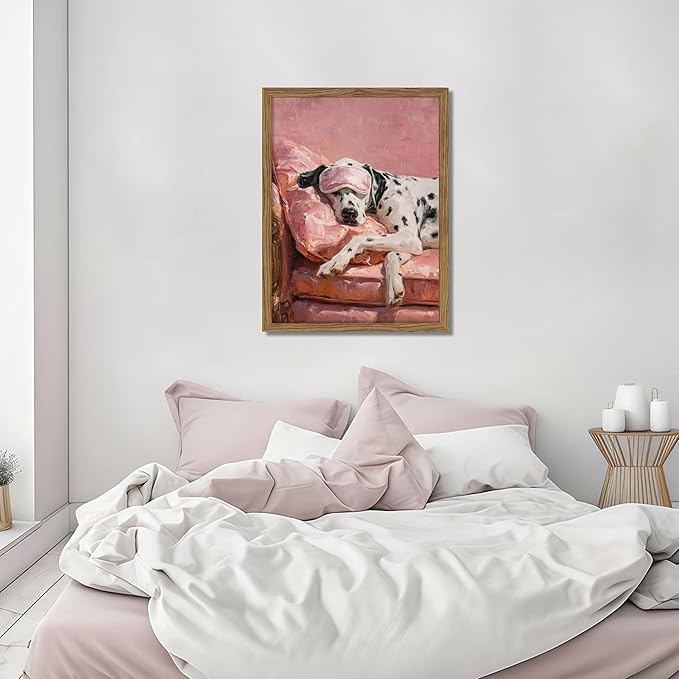 Vintage Framed Dalmatian Wall Art, Cute Dog Canvas Prints Home Decor, Pink Aesthetic Oil Painting, Dalmatian in Sleep Mask Picture Wall Decor for Bedroom Living Room Dormitory – 12x16 inch
