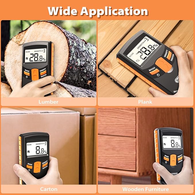 Pinless Wood Moisture Meter, Non-Destructive Moisture Detector for Wood Firewood, 4%-80% Measuring Range Digital Sensor Scanner (MD918)