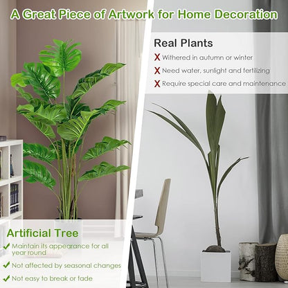 GOFLAME Artificial Monstera Deliciosa Plant, 5ft Potted Faux Tree with 15 Verdant Fake Leaves, Swiss Cheese Plant for Home Decor Indoor, Outdoor, Home, Office, 2 Pack
