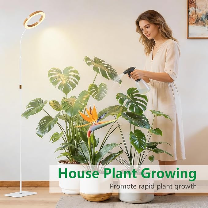 One Head Grow Light for Indoor Plants Full Spectrum - Floor Standing Plant Lamp with Auto Timer 6/12/18H, 5-Level Dimmable & Adjustable Height 16.5-68in for Large Tall Plants | Faux Wood Design