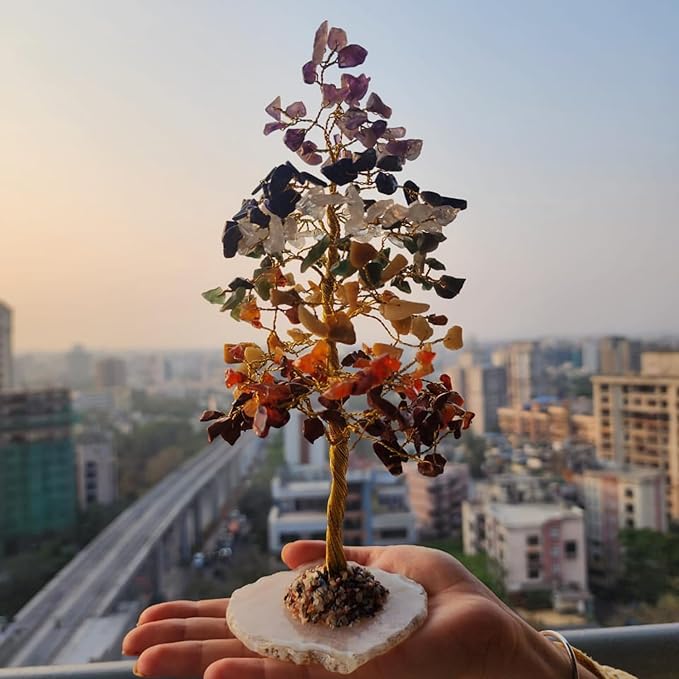 Crystal Tree with Bracelet for Home Decor, Healing, Spiritual Gifting, Room Decor, New Year & Good Luck Gifting | Made from Genuine Crystal Stones (7 Chakra) - 9 x 3 Inches