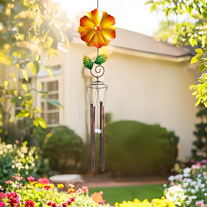 MUMTOP Wind Chimes for Outside Clearance - Garden Wind Chimes with Flower Wind Spinner, 33 Inch Deep Tone Metal Memorial Sympathy Windchimes for Patio Outdoor Porch Yard Decor Gifts(Orange)