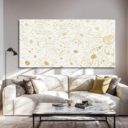 YJYart Floral Wall Decor White and Gold Decorations Simple Wall Art 24"x48" Office Wall Pictures Oil Paintings for Bedroom