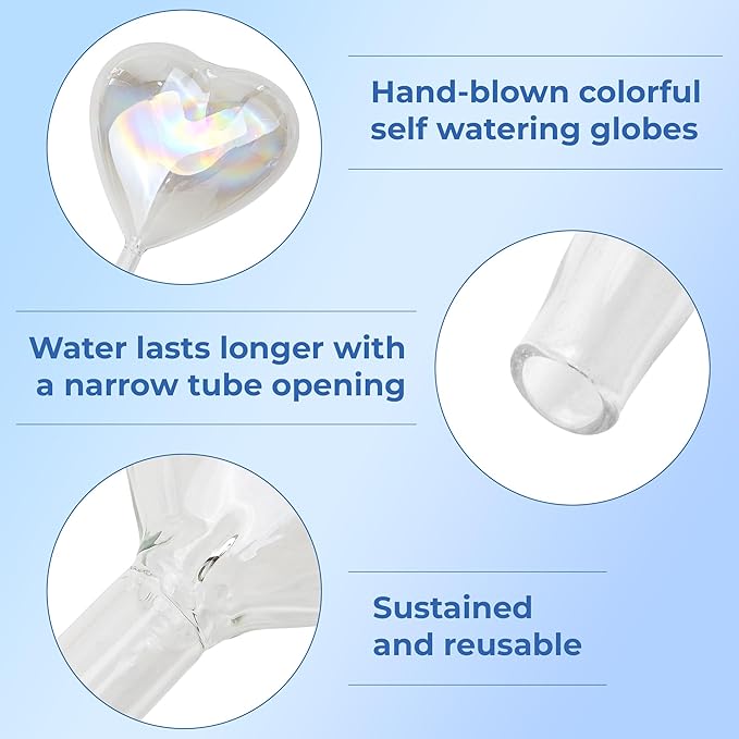 Heart Plant Water Globe, 4 Pcs Set Iridescent Glass Self Watering Bulbs, Heart Shaped Waterer Dripper for Indoor Plants, Outdoor Flowers, Planter Insert Garden Device for Pots