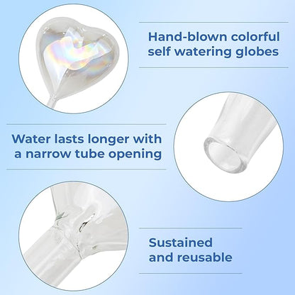 Heart Plant Water Globe, 4 Pcs Set Iridescent Glass Self Watering Bulbs, Heart Shaped Waterer Dripper for Indoor Plants, Outdoor Flowers, Planter Insert Garden Device for Pots