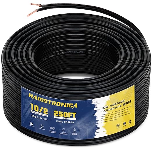 haisstronica 10/2 Low Voltage Landscape Wire 250ft - Copper Direct Burial Waterproof Cable for Landscape Lighting, Outoor Pathway Lights & Garden LED,UL Listed,UV Resistant