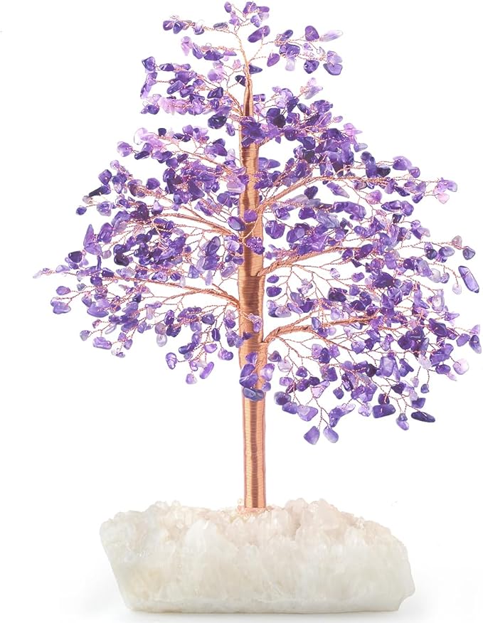 Natural Amethyst Gemstone Crystal Tree of Life, Clear Quartz Base, Chakra Money Bonsai Feng Shui, Positive Energy Healing Crystals Home Decor, Spiritual Gifts Size 10-11