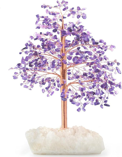 Natural Amethyst Gemstone Crystal Tree of Life, Clear Quartz Base, Chakra Money Bonsai Feng Shui, Positive Energy Healing Crystals Home Decor, Spiritual Gifts Size 10-11