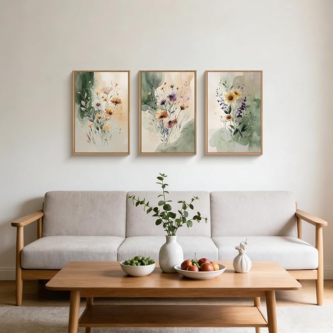 Large Vintage Wildflower Framed Canvas Wall Art,Rustic Watercolor Flowers Wall Decor,Boho Botanical Print,Retro Green Floral Artwork for Living Room,Bedroom,Dining Room -16"x24"x3