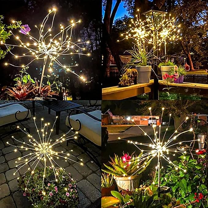 Redefun Solar Fireworks Lights 2 Pack 120 LEDs Solar Garden Outdoor Lights, 8 Modes Tall Sparkler Yard Light Waterproof Dandelion String Light for Outside Patio Pathway Decorations - Warm White