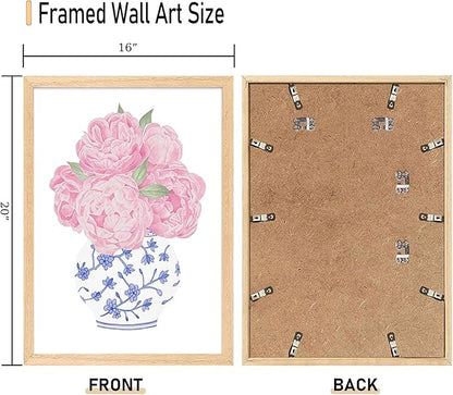 CHMMART 3 Piece Pink Floral Framed Wall Art Blue and White Chinoiserie Flower Canvas Art Prints Peony Pictures Wall Decor Painting Artwork for Living Room Bedroom Bathroom 16x20in