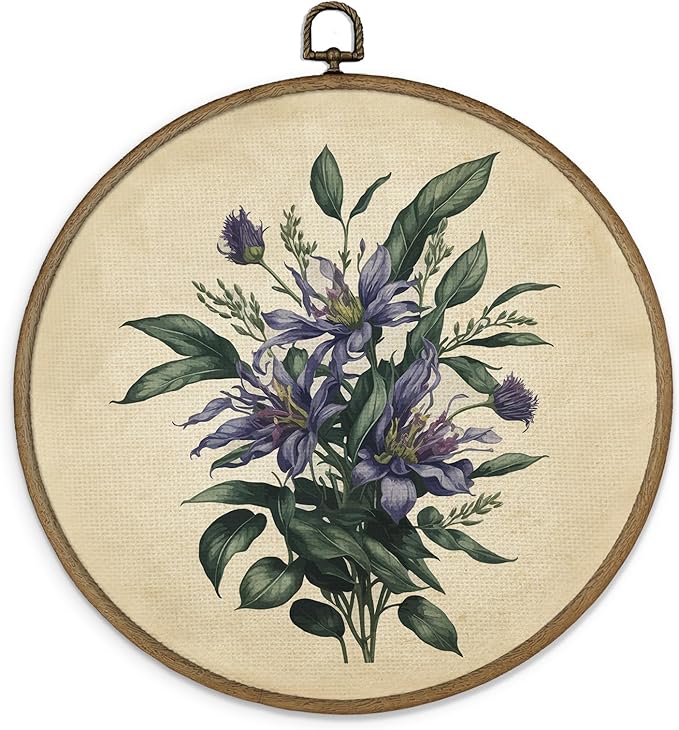 MAQIKA Retro Purple Floral Plant Framed Wall Art Decor, Vintage Botanical Print, Wildflower Round Wall Hanging Decor, Purple Flower Canvas Prints Wall Art for Bedroom Kitchen Dorm Room, 10x10 Inch