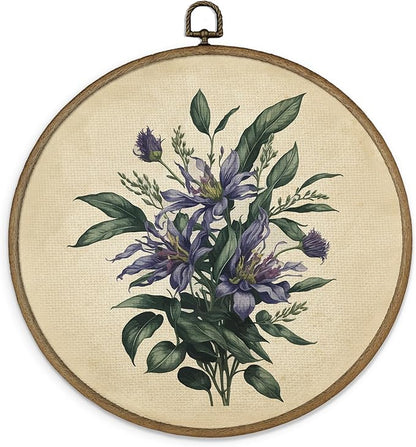 MAQIKA Retro Purple Floral Plant Framed Wall Art Decor, Vintage Botanical Print, Wildflower Round Wall Hanging Decor, Purple Flower Canvas Prints Wall Art for Bedroom Kitchen Dorm Room, 10x10 Inch