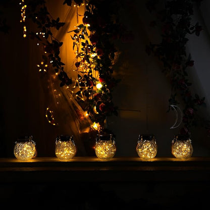 Cooo Christmas Gifts 6 Pack Solar Lanterns Waterproof Outdoor Heavy Crackle Glass 30 LED Warm Firefly Lights Stainless Steel Lid 215% Solar for Women Mom Grandma Outdoor Table Lamps Garden Yard Decor