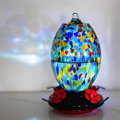 Muse Garden Glass Humming Bird Feeders for Outdoors - 27OZ Blown Glass Hummingbird Feeder - Unique Gift for Mom Women Grandparents, Outdoors Hanging Garden Decor, Ant Moat & Brush, Blue Polka Dots