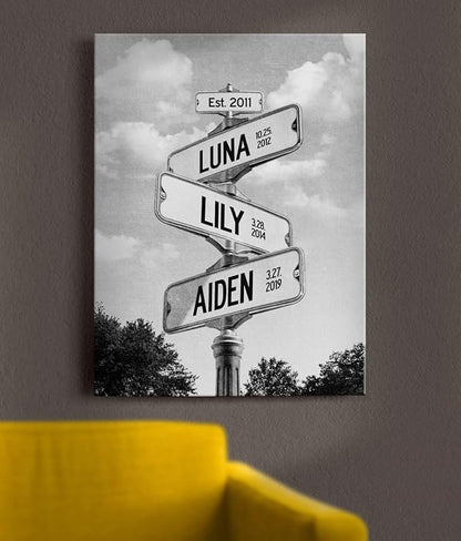 Personalized Family Street Sign Multi-Name Canvas, Custom Date Of Birth With Names Poster, Street Signs Customized, Best Gifts For Mom/Dad, Birthday, Christmas Gift For Family #19