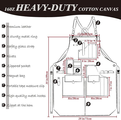 Woodworking Apron, Tool Apron, Canvas, Multiple Pockets, Adjustable Zipper, Metal Ring, Tape Measure Clip, Plus Size, Black.