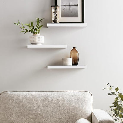 BAYKA White Floating Shelves for Wall – Rustic Wood Wall Shelves with Metal Brackets for Bathroom, Bedroom, Kitchen, or Living Room Decor Organization – Set of 3, Sturdy Storage with 22lb Capacity