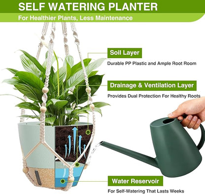 Set of 2 Hanging Planters for Indoor Plants with Self Watering Includes Hanging Pots and 2 Types Plant Hangers, Outdoor Hanging Baskets Holder for Home Garden, 10 Inch Sage Green